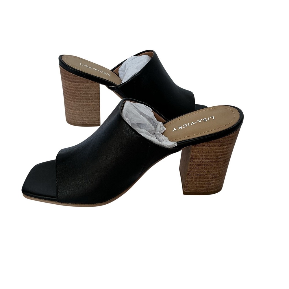 Lisa‎ Vicky Virtue-V Black Leather Block Heel Mules Sandals Women's Size 8 NIB